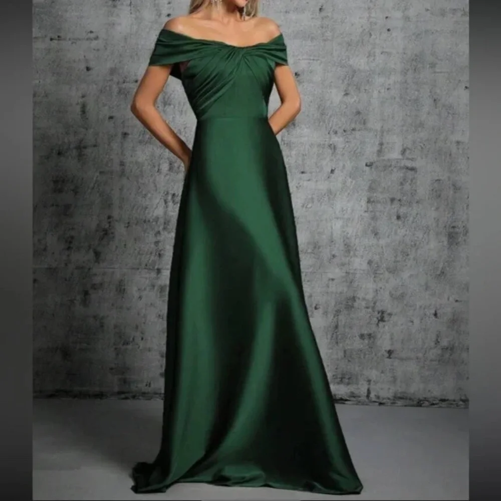Luxe Satin Off Shoulder Evening Prom Party Formal Wedding Dress - Picture 12 of 16